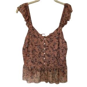 American Rag Cie Women's Ruffle Hem Buttons Detail Floral Pink Mauve Top Size M